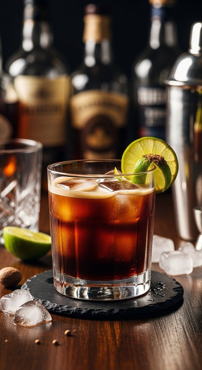 7 Genius Dirty Horchata Coffee Recipes And Perfect Ratios 11 Sophisticated alcoholic coffee cocktail with ice, creamy liquid, lime twist, nutmeg on a dark wooden bar top.