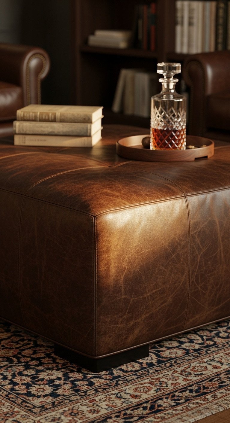 Sophisticated dark brown distressed leather ottoman coffee table in a cozy library setting with books and vintage decanter. Warm, rich tones.
