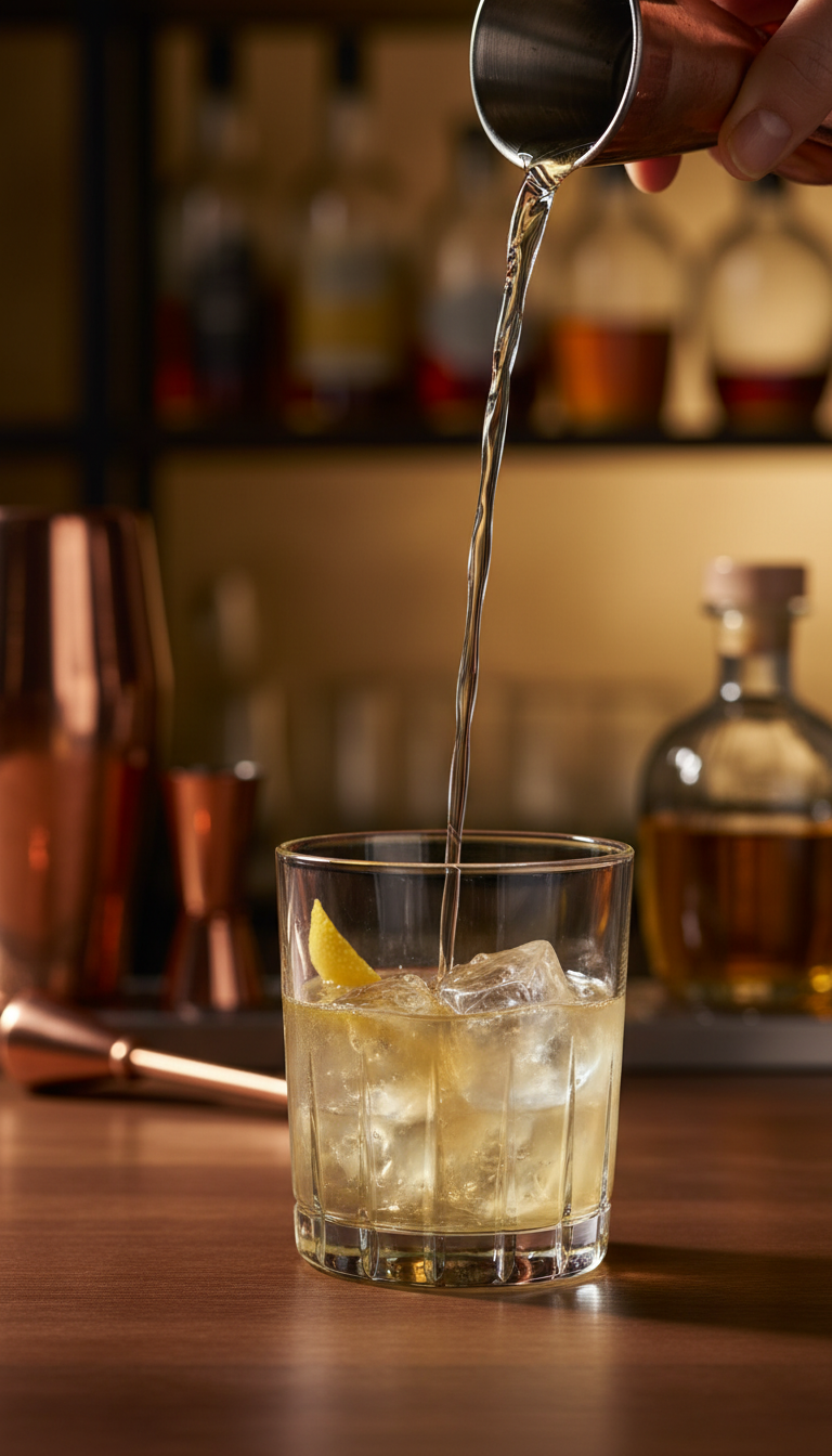 Homemade Honey Coffee Syrup: The Ultimate Easy Recipe 11 Sophisticated honey cocktail being poured into a glass on a dark wooden bar, with lemon twist and bar tools. Elegant drink mixer.