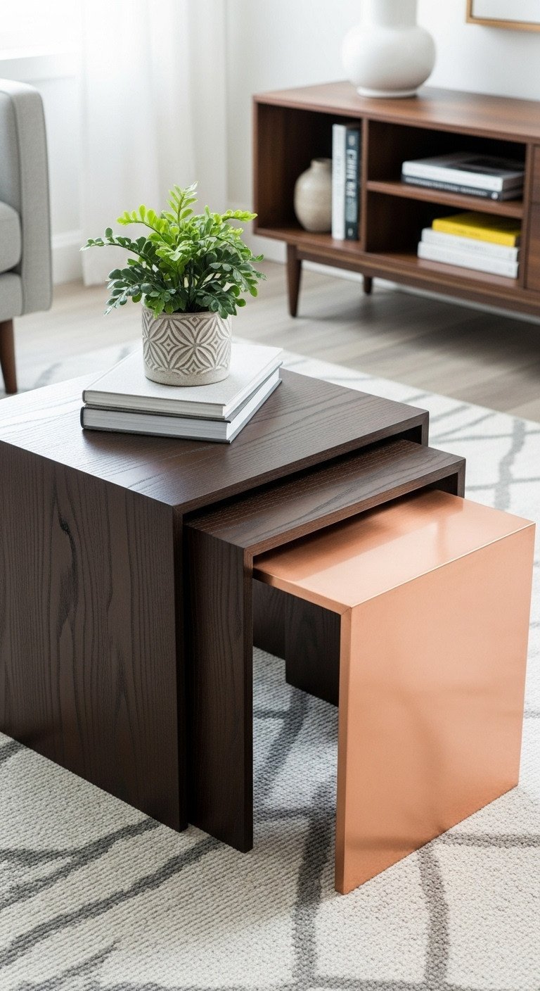 Curated Luxury Coffee Tables Finest Materials Unique Designs 9 Sophisticated modular nesting coffee table set: dark wood and metallic copper, space-saving design for modern apartments.