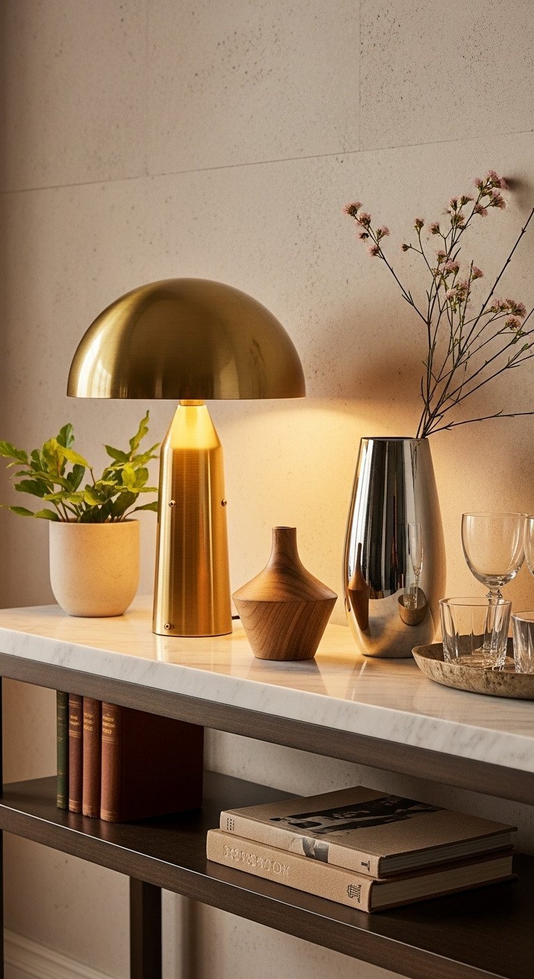 9 Genius Neutral Living Room Decor Ideas To Never Be Boring 11 Sophisticated neutral console table: mixed metal finishes, brass lamp, chrome vase, wood accessories, leather books. Golden hour light.
