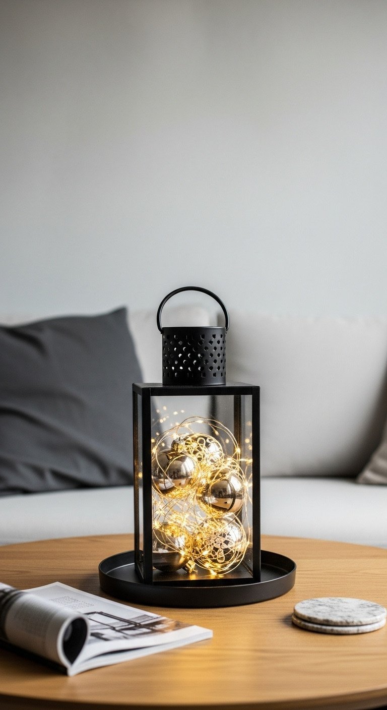Space-saving Christmas coffee table decor: black metal lantern, miniature ornaments & twinkle lights on a round wooden tray.