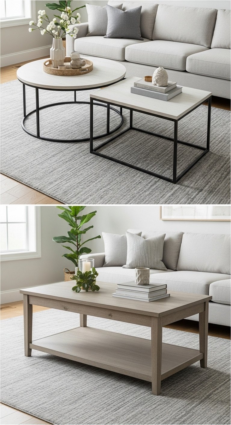 Spacious living room, round coffee table next to rectangular coffee table, illustrating seating area design.