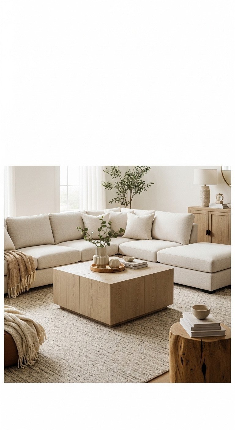 Spacious living room with L-shaped sectional sofa and centrally placed coffee table for ideal access. Warm creams, golden browns.