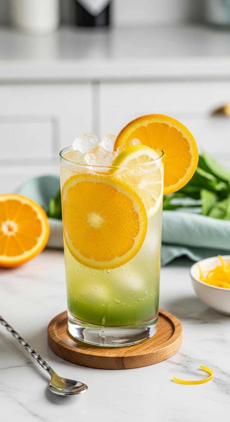 13 Perfect Green Tea Recipes Iced Matcha And No Bitterness 3 Sparkling green tea citrus refresher in a tall glass with lemon, orange, crushed ice, condensation on marble, refreshing drink.