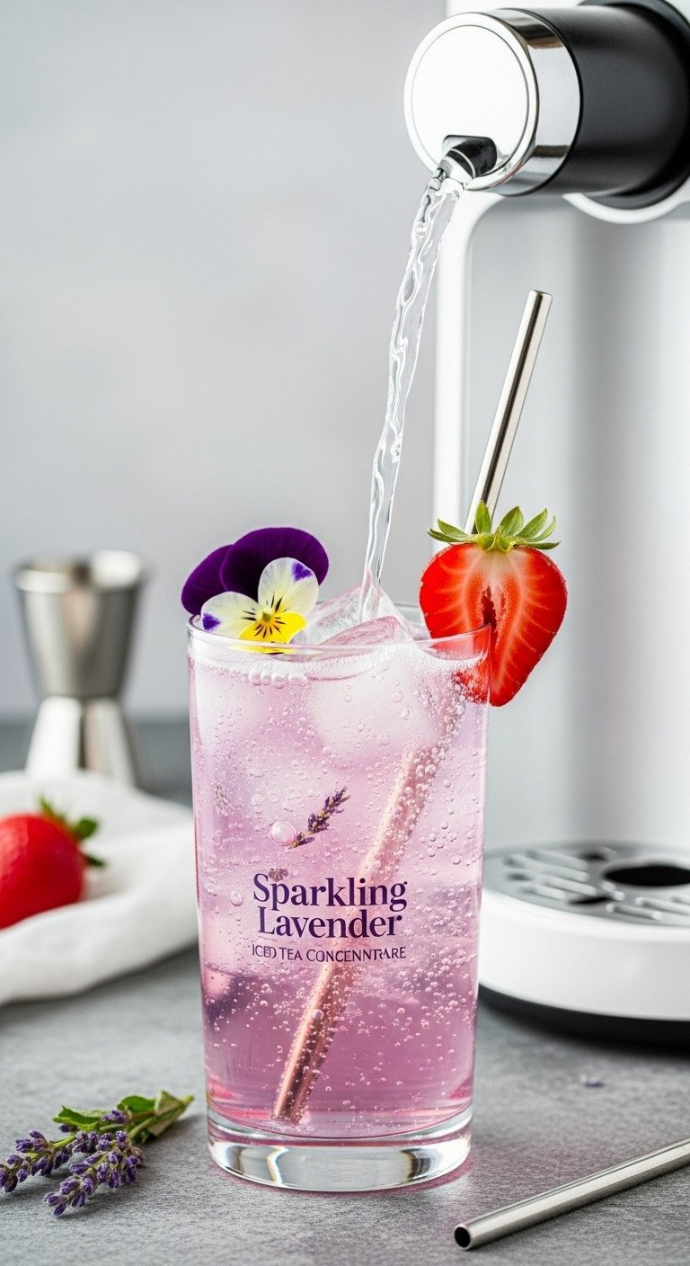 The Ultimate Lavender Iced Tea Guide To Perfect Non Bitter Flavor 13 Sparkling lavender iced tea with visible bubbles, ice, edible flowers, and sliced strawberry in a tall glass on a stone surface.
