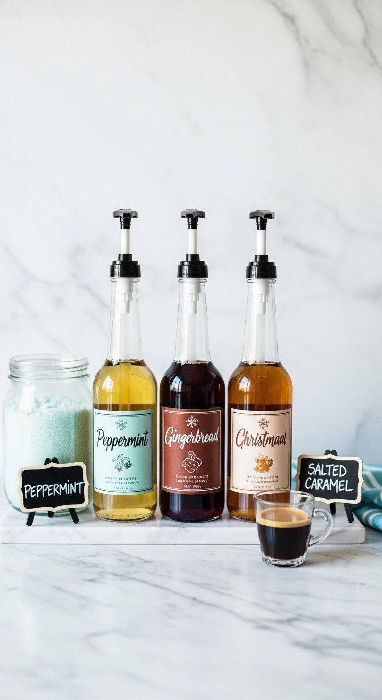 11 Genius Christmas Coffee Hot Chocolate Bar Ideas 9 Specialty coffee syrups in clear glass bottles with pumps next to an espresso cup on a clean marble countertop.