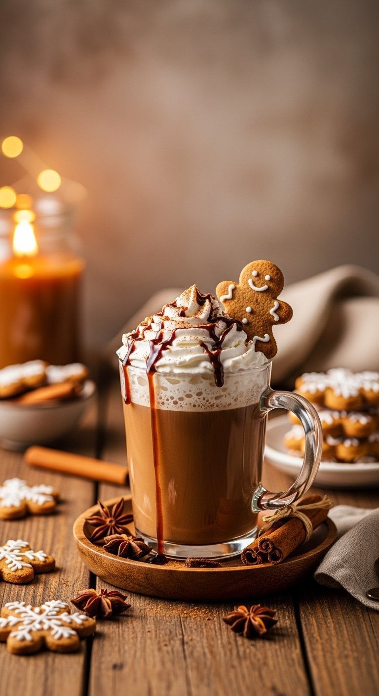Spiced gingerbread latte with whipped cream, molasses, and cookie garnish on a wooden tray. Festive holiday coffee drink.