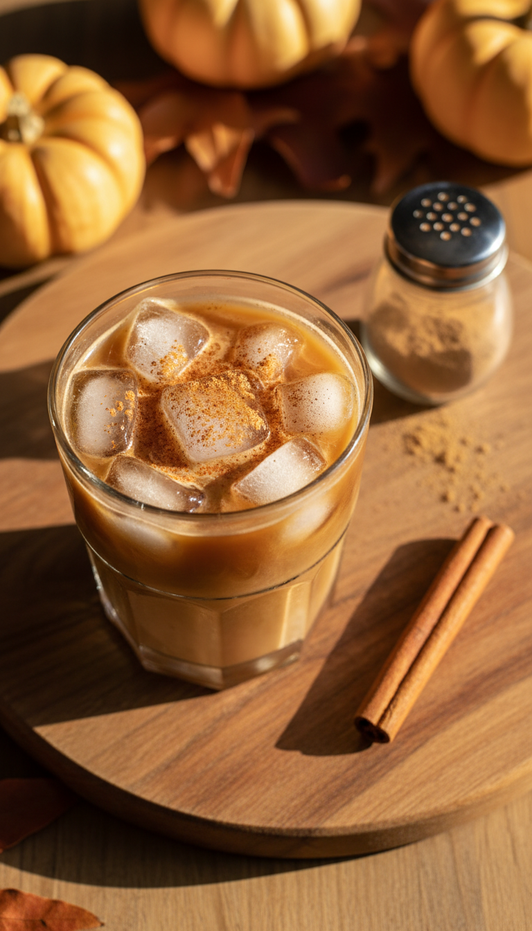 Spiced iced coffee with cinnamon dusting and white ice on a wooden board, autumn leaves, cinnamon stick.