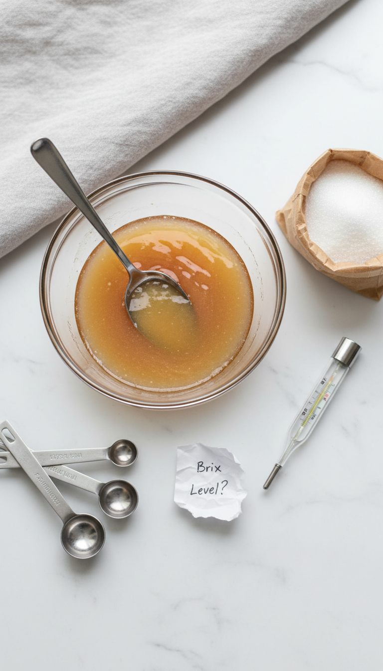 Homemade Toffee Nut Coffee Syrup: Ultimate Starbucks Dupe 9 Spoon in watery syrup next to sugar bag on white table. Troubleshooting thin homemade syrup consistency, needs adjustment.