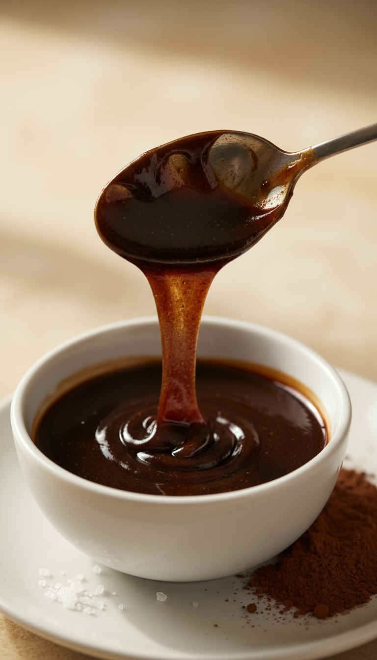 Homemade Shelf Stable Coffee Syrup Ultimate Guide No Refrigeration 9 Spoon pulling from glossy, thick dark chocolate coffee syrup in a bowl on white plate, with cocoa powder.