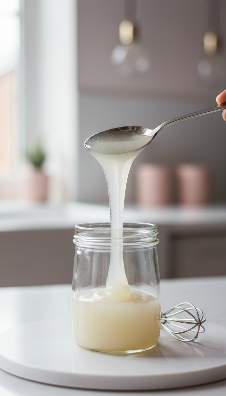 Homemade Stevia Coffee Syrup Easy Sugar-Free Recipe 9 Spoon pulls thick sugar-free stevia simple syrup from glass jar, showing viscous texture, with tiny whisk, clean backdrop.