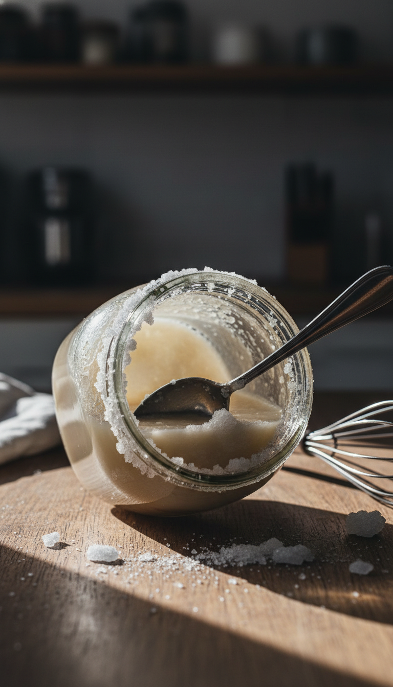 Homemade Vanilla Coffee Syrup: Ultimate Recipe Guide 7 Spoon scraping crystallized sugar from cloudy vanilla syrup in glass jar on rustic wood, illustrating a common failed syrup issue.