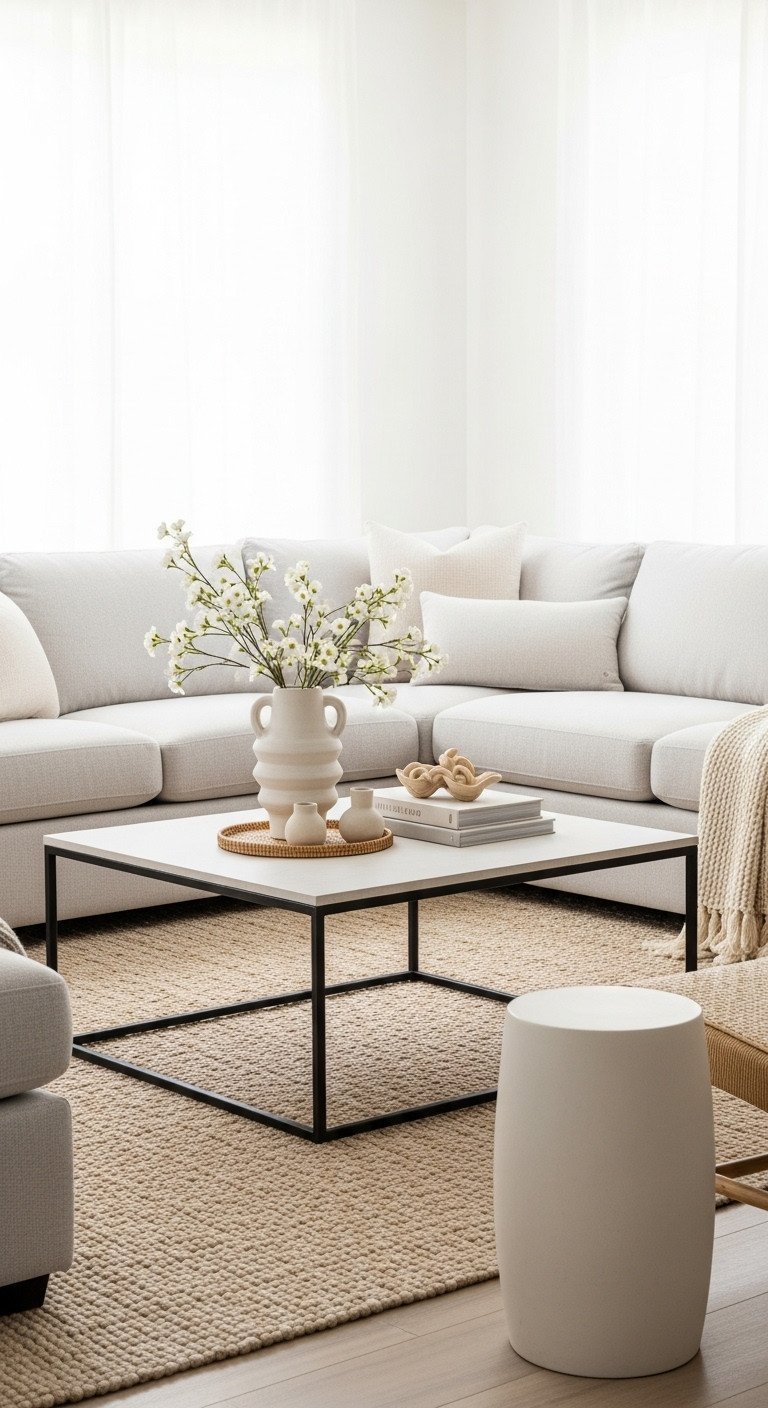 Square coffee table placed symmetrically with large L-shaped sectional sofa. Modern living room furniture layout, serene decor.