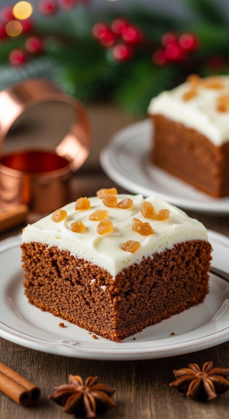 Best Moist Christmas Coffee Cake for a Perfect Holiday 3 Square gingerbread coffee cake slice, white cream cheese frosting, crystallized ginger on vintage plate with holiday spices.
