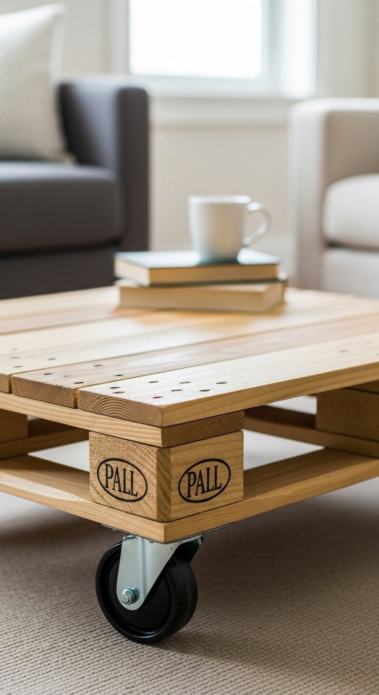 7 Genius Pallet Wood Coffee Table Ideas For Easy DIY 1 Square pallet wood coffee table with locking casters, smooth reclaimed wood top. Books, mug; blurred living room background. Warm creams, golden browns.