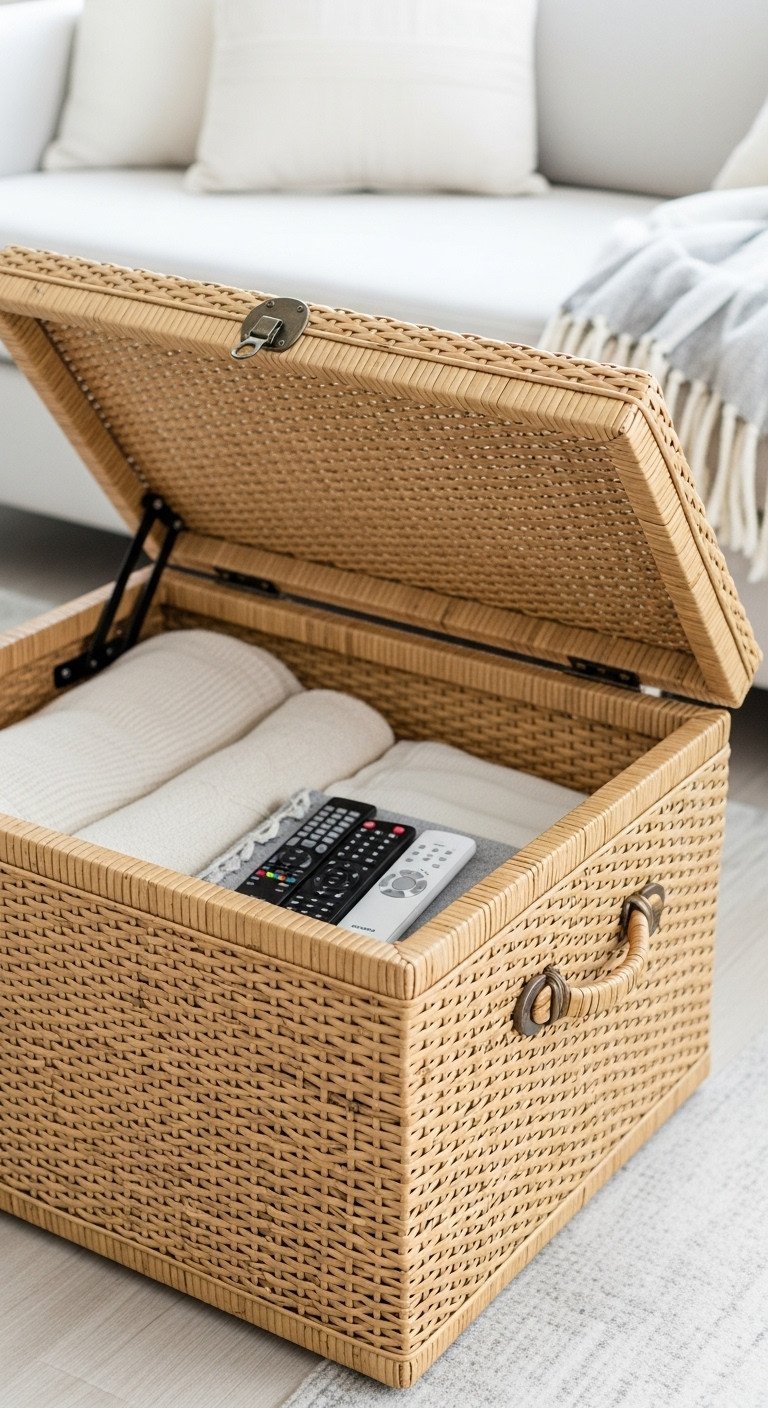 Square rattan trunk coffee table with lift top storage in organized living room with white sofa, light wood floor.