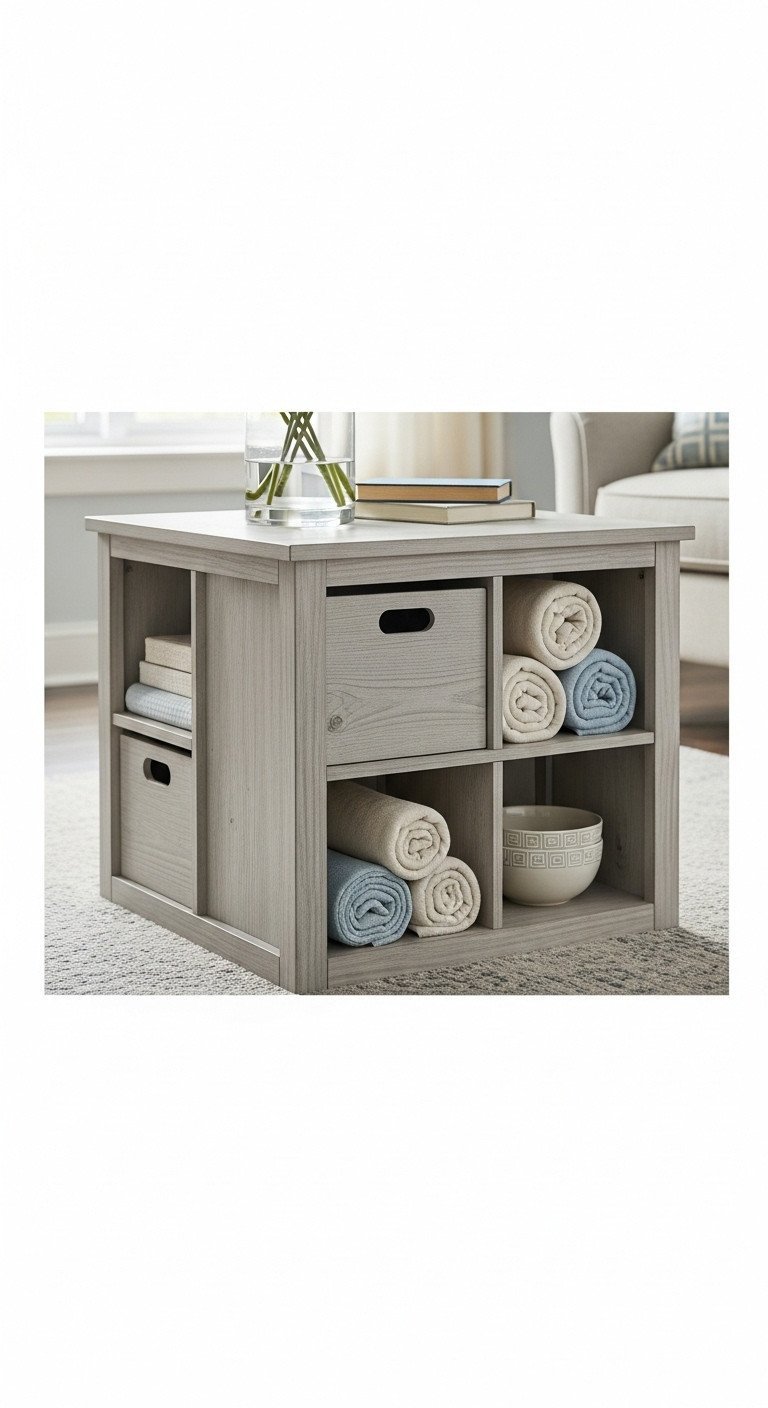 Elevate Your Living Room With 7 Genius Rustic Coffee Tables 11 Square rustic coffee table, weathered gray wood, integrated open storage cubbies with throws and books. Organized living room.