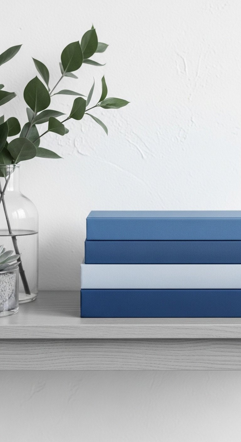 Stack of four monochromatic blue coffee table books in gradient shades, on light oak console with a green succulent.