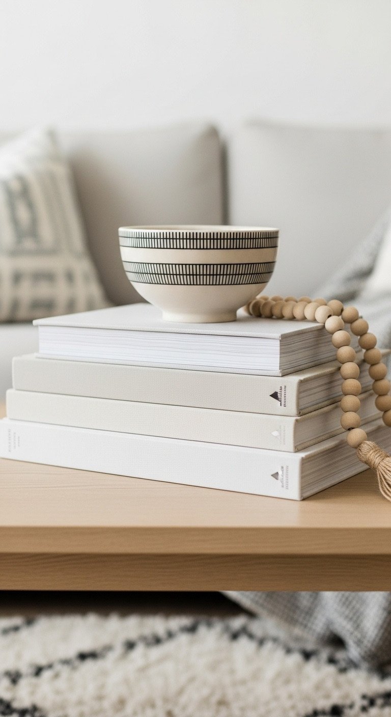 Stack of neutral coffee table books with a striped decorative bowl and beach stone on light wood table. Minimalist.