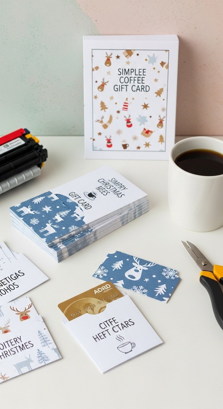 Stack of printable Christmas coffee gift card sleeves with holiday patterns, showing a gift card partially inserted.