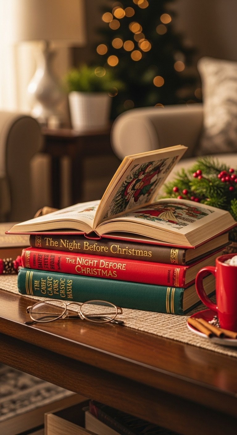 Stack of vintage children's Christmas books with red and gold covers on a dark coffee table, with a hot cocoa mug.