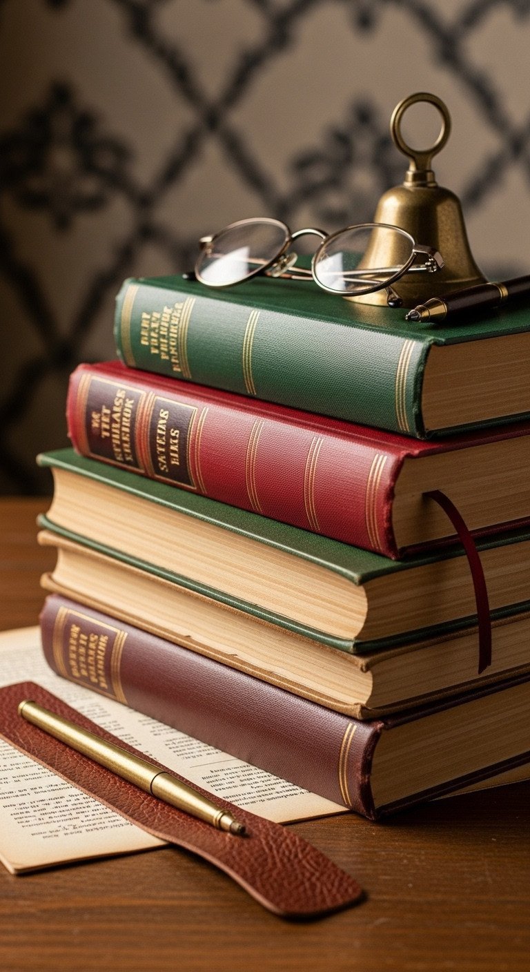 Style Your Coffee Table With 9 Vintage Christmas Decor Hacks 11 Stack of vintage holiday coffee table books in red, green, cream, topped with a brass bell, leather bookmark, and antique ink pen.