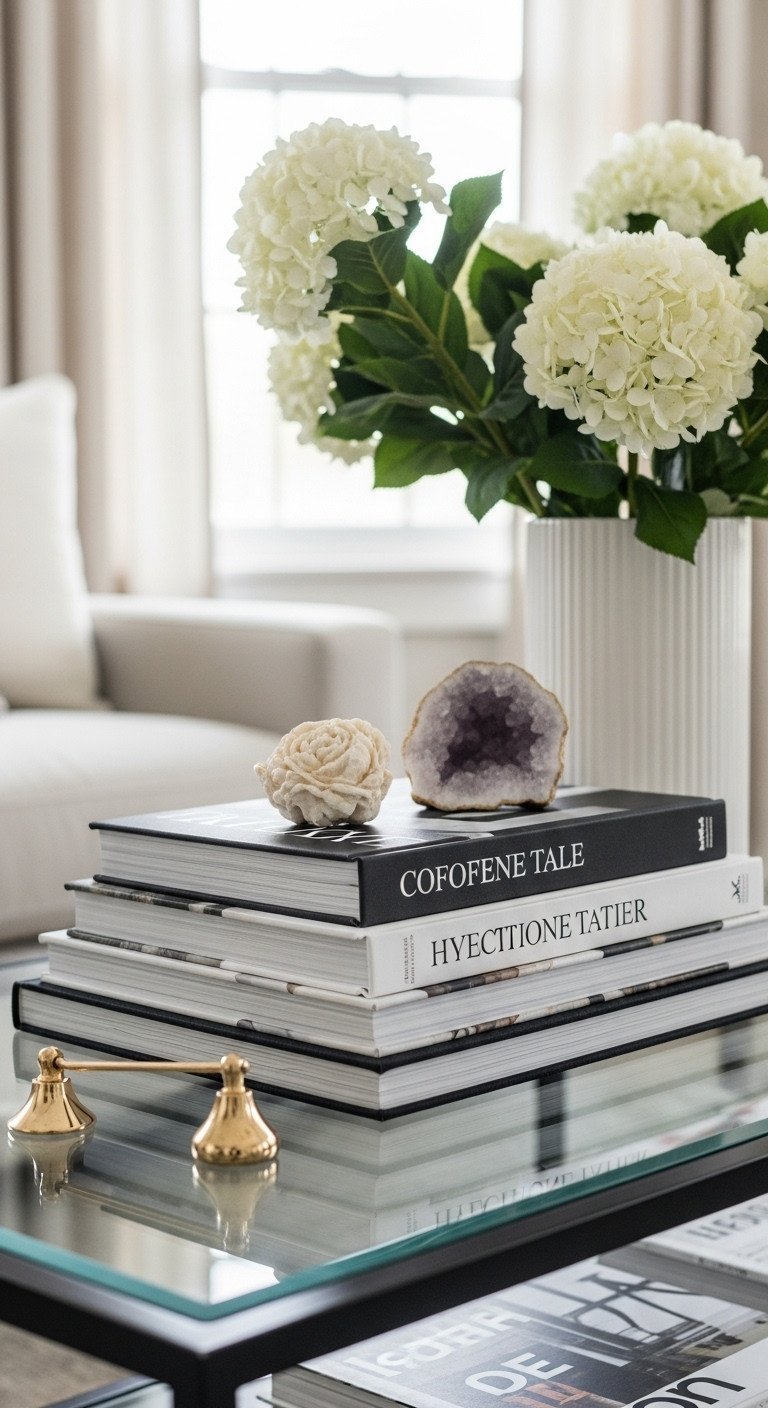 Glam Coffee Table: Smart Styling Tips for a Luxurious Home 5 Stacked monochromatic coffee table books on black glam table. Gold, white, black covers, quartz geode, white flower.