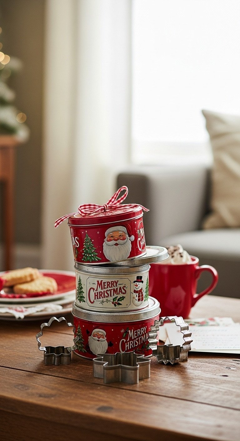 Stacked vintage holiday cookie tins with Santa/snowman designs and metal cookie cutters on a rustic coffee table.