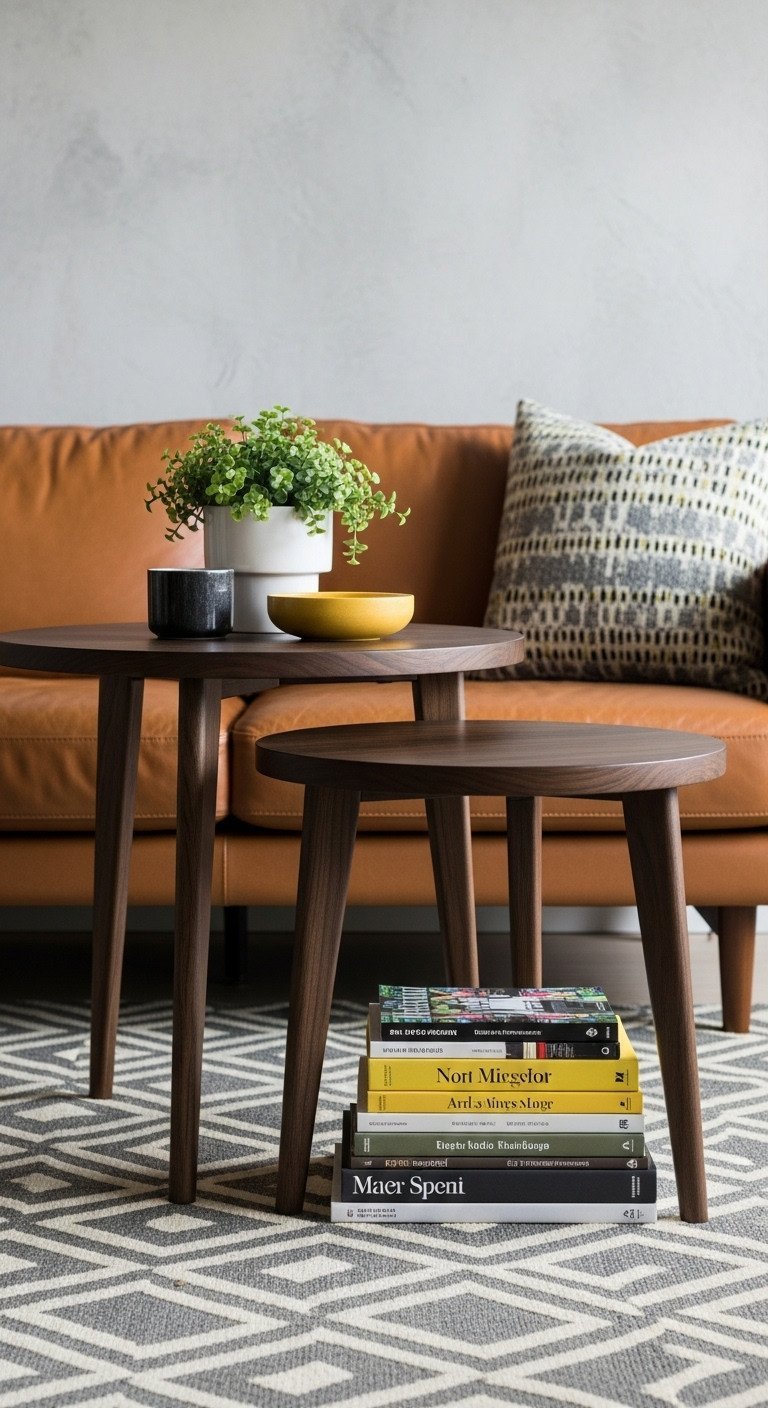 Staggered-height circular dark wood coffee tables with a plant & art books in front of a mid-century modern sofa. Elegant, sophisticated living.