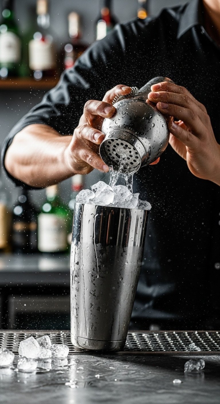 Stainless steel Boston shaker vigorously shaken, condensation, ice. Moody bar backdrop highlights cocktail chilling process.