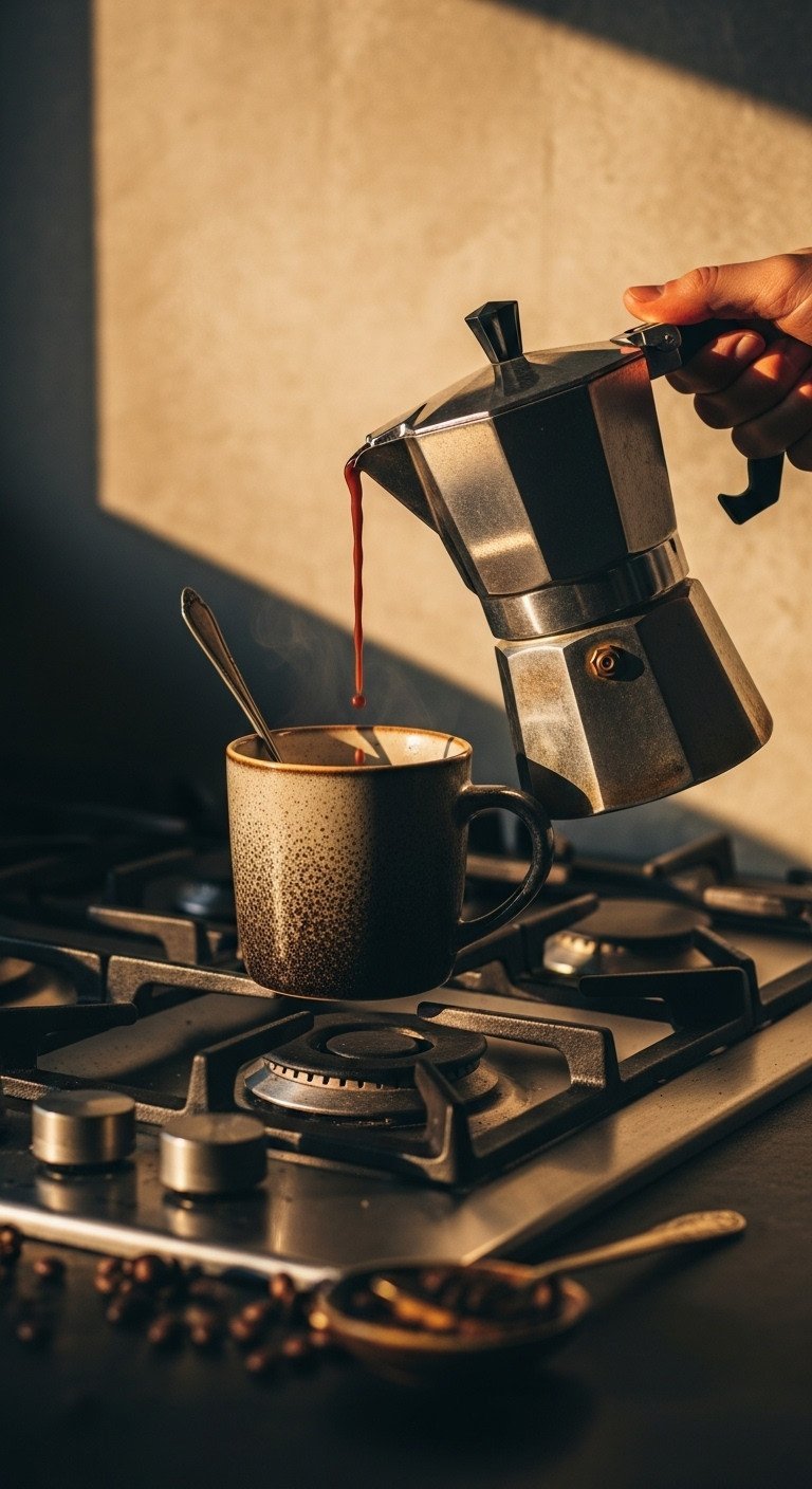 Lavender Latte Expert Guide Hot Or Iced With Tested Ratios 9 Stainless steel Moka pot on a stovetop pouring dark coffee into a mug, with coffee beans nearby, for home brewing.