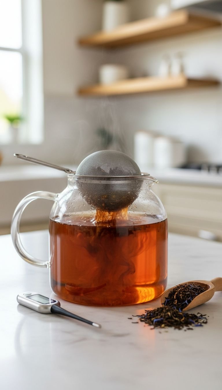 7 Secrets To Master Your London Fog Latte Recipe 1 Stainless steel infuser with dark loose-leaf Earl Grey tea steeping in hot water within a glass teapot, on a marble countertop. Cozy tea brewing process.