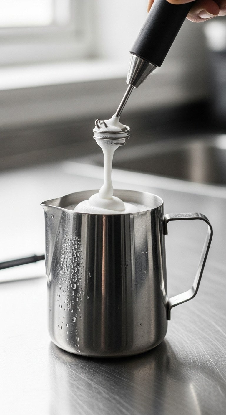 Pumpkin Spice Latte Master The 7 Step Real Recipe 7 Stainless steel pitcher with milk frothed by steam wand, creating shiny microfoam cascading. Velvety texture for latte art.