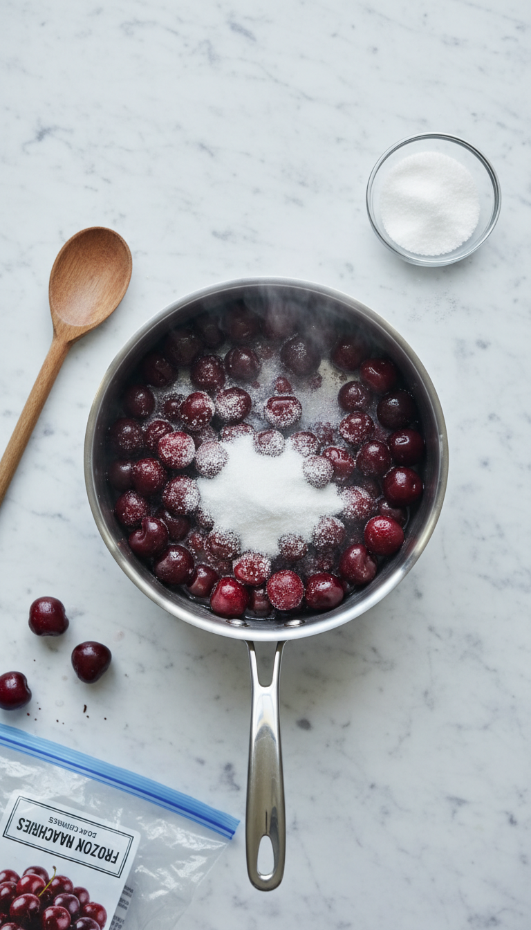 Stainless steel saucepan with frozen dark cherries, sugar, and water simmering on a marble counter, preparing homemade cherry syrup.
