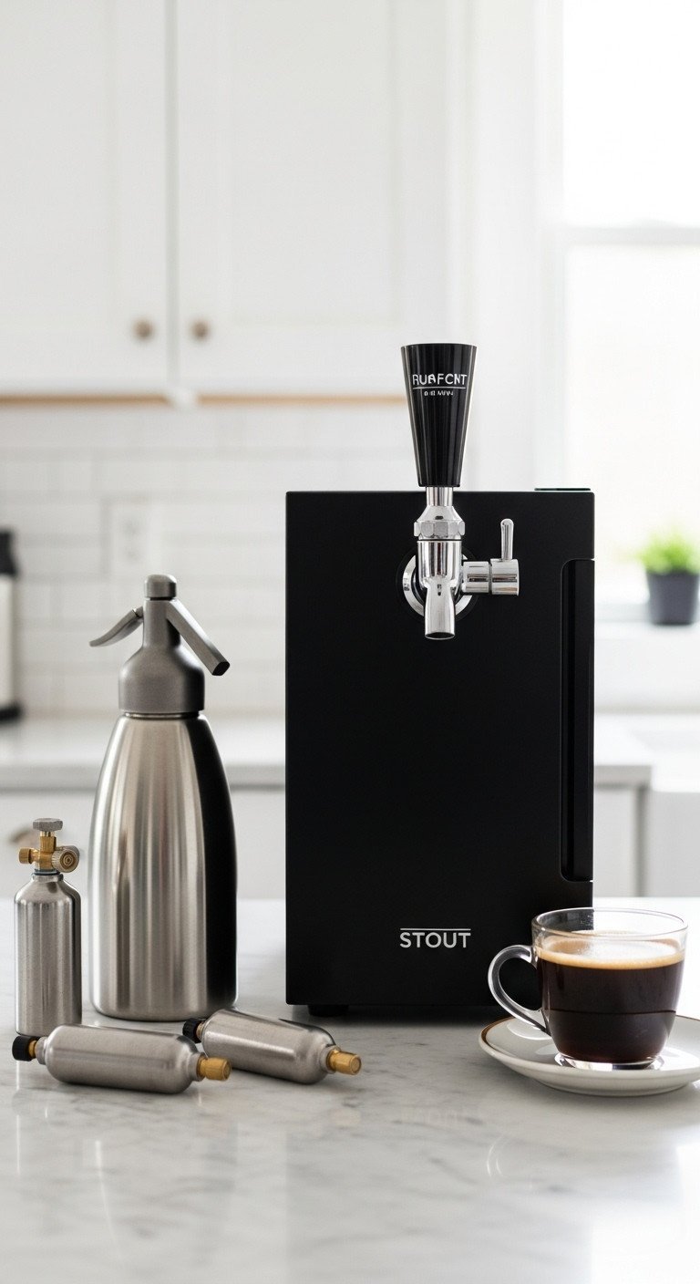 Stainless steel whipped cream siphon & black mini kegerator with stout faucet. Compare nitro cold brew equipment on marble.