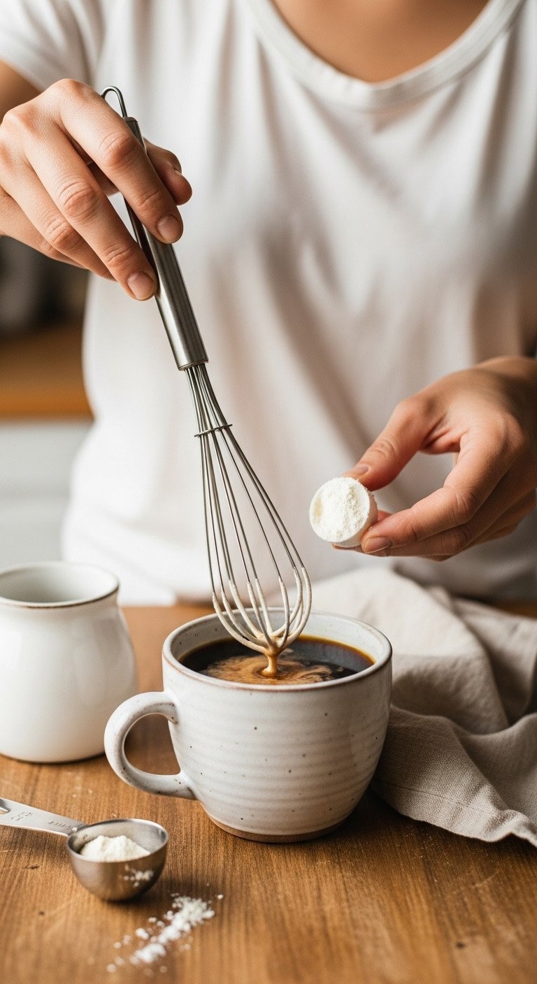 Stainless steel whisk mixing white collagen powder into dark hot coffee in a rustic white ceramic mug. Cozy prep.