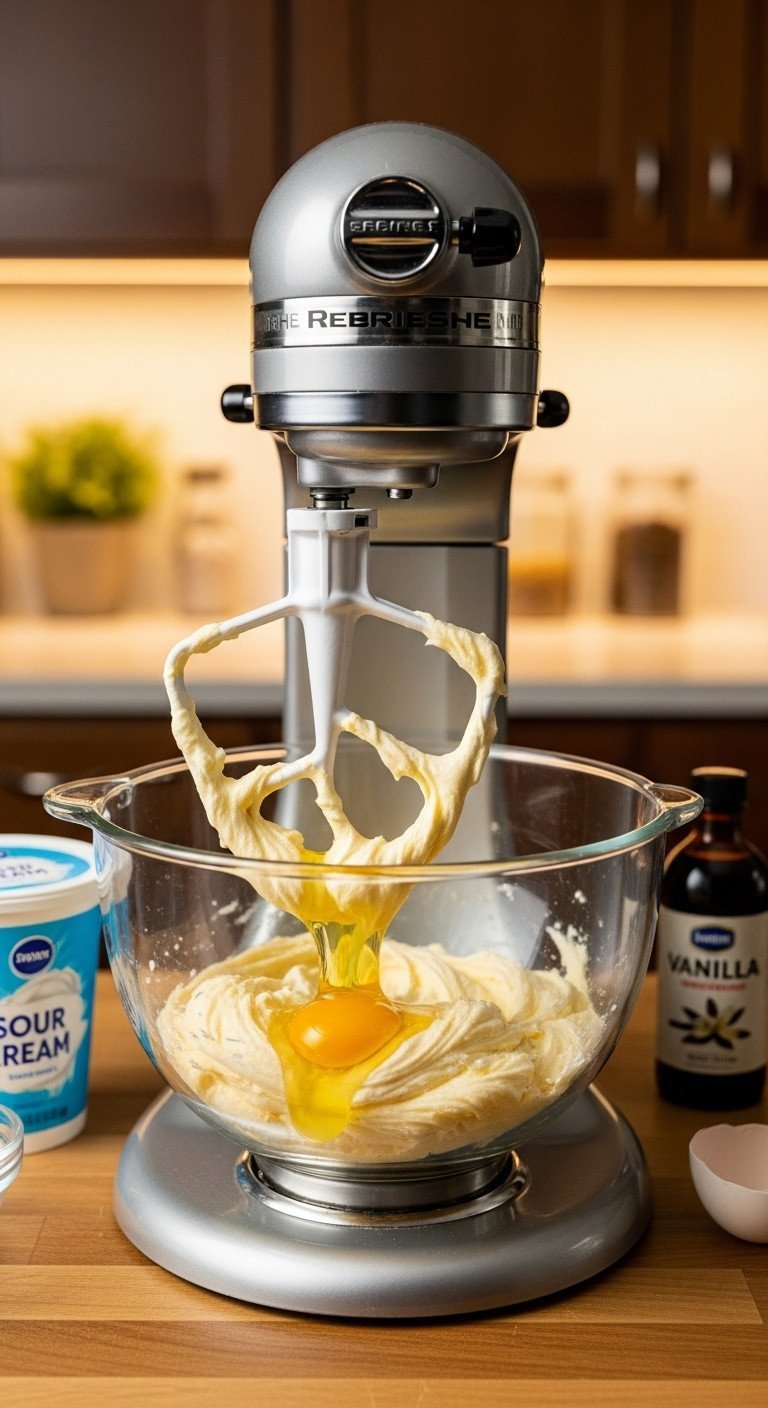 Stand mixer bowl showing light and fluffy creamed butter and sugar with a cracked egg just added. Baking process step.