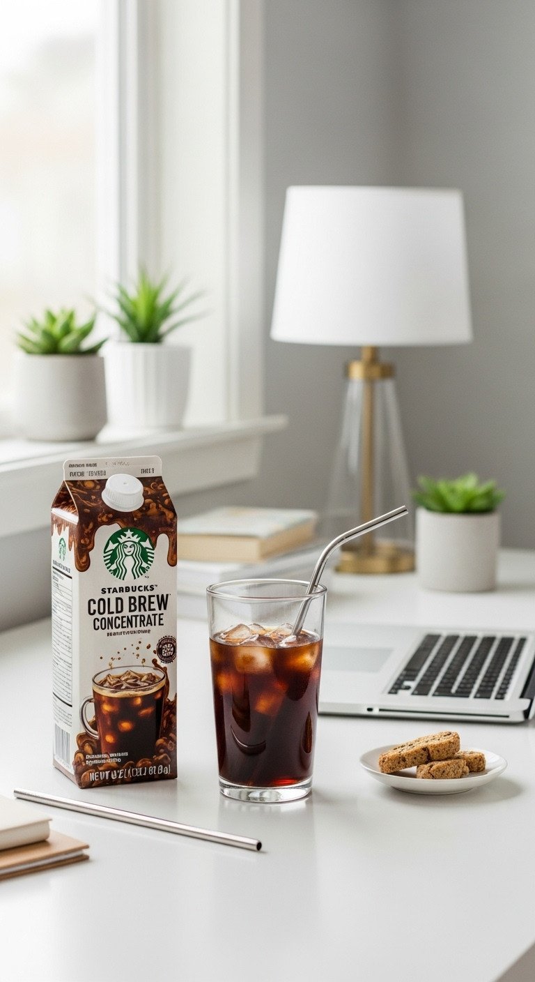 Cold Brew Concentrate The Foolproof Guide To Make Or Buy 9 Starbucks Cold Brew Concentrate carton and a glass of iced coffee on a modern white desk next to a laptop for a productive day.