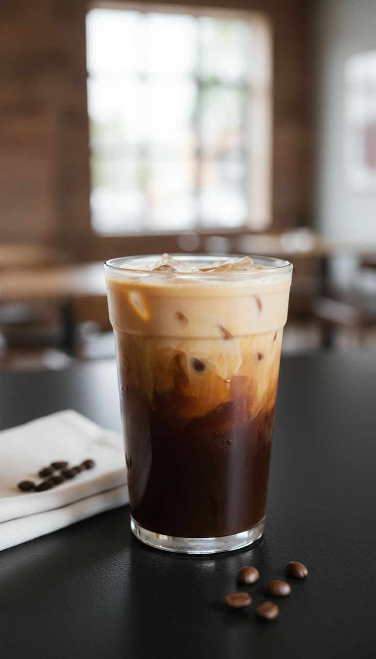 Starbucks-style iced chai latte in a clear cup, with concentrated base. Sleek cafe setting with coffee beans on black counter.