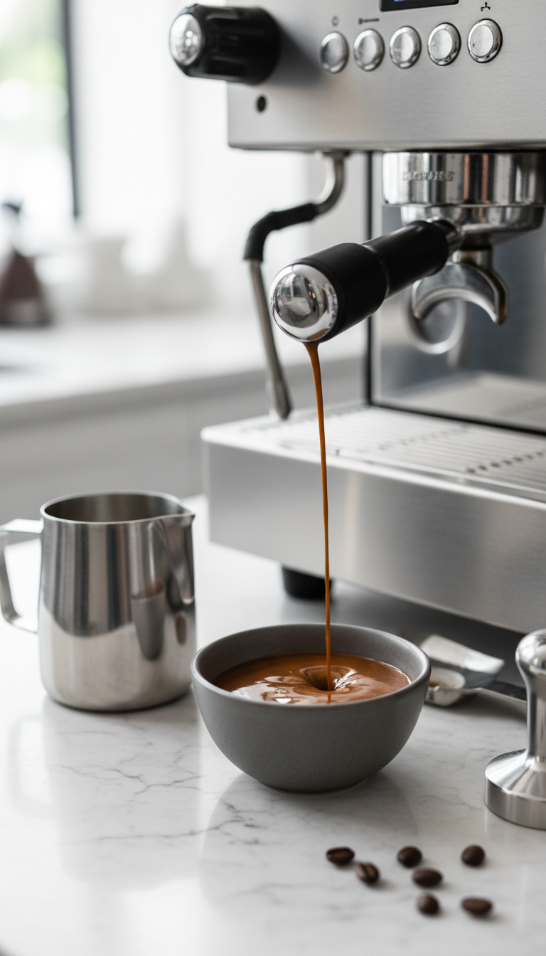 Homemade Mocha Syrup for Rich Iced Coffee Drinks 13 Starbucks-style mocha sauce with espresso shot from a coffee machine, alongside beans and frothing pitcher on marble.