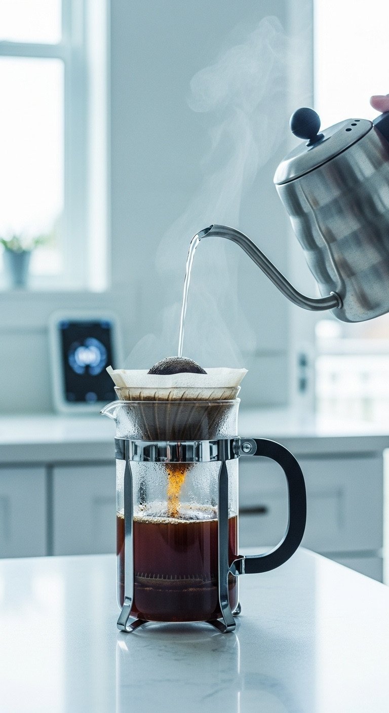 Steady stream of hot water being poured into a glass French press over bloomed coffee grounds in a modern kitchen.