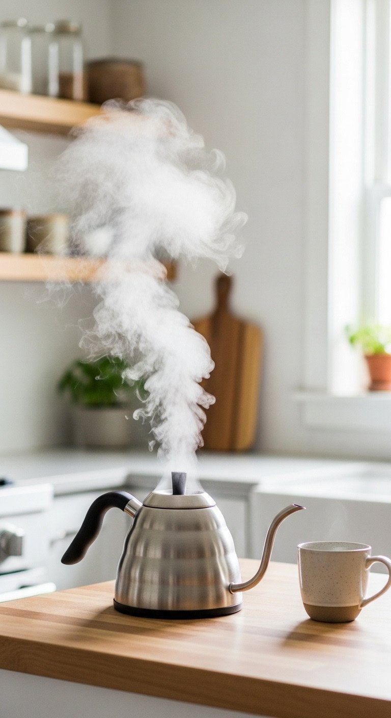 Steam rises from a modern stainless steel gooseneck kettle on a light butcher block countertop with a ceramic coffee mug nearby.