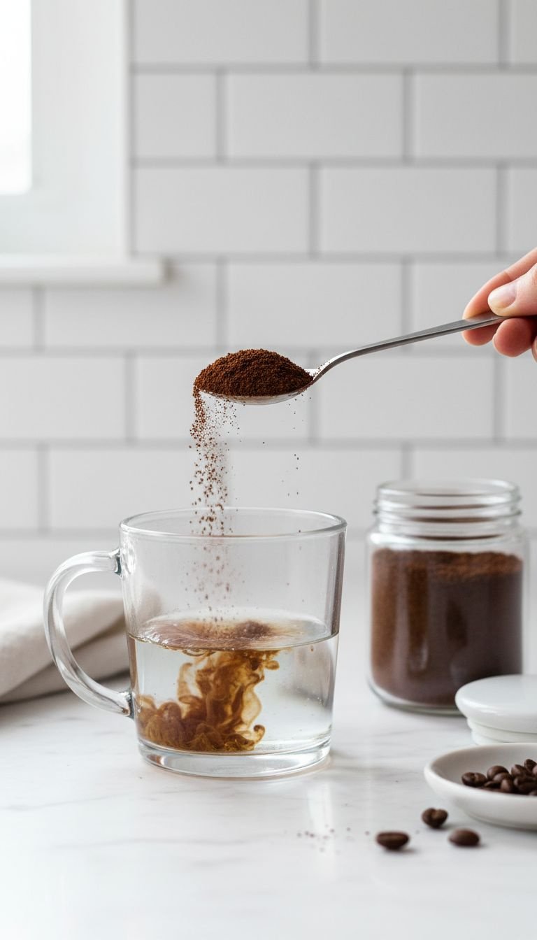 How To Make Mocha At Home Like A Barista No Machine 7 Steam rises from a warm, empty ceramic latte mug on a dark slate coaster, glistening from hot water in a cozy kitchen.
