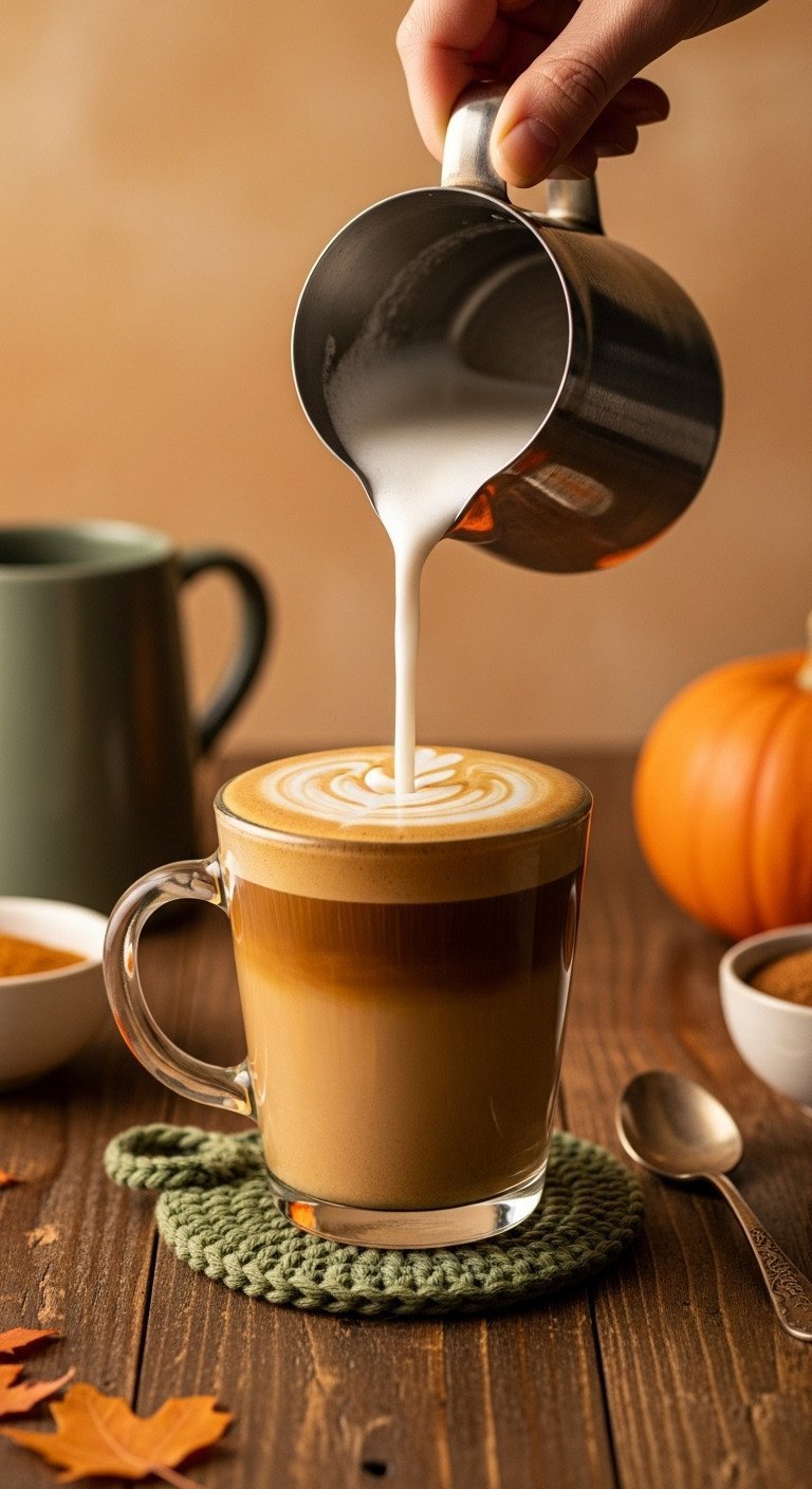 Pumpkin Spice Latte Master The 7 Step Real Recipe 9 Steamed microfoam poured over spiced pumpkin coffee in clear glass mug, creating layered latte. Cozy fall drink on wood table.