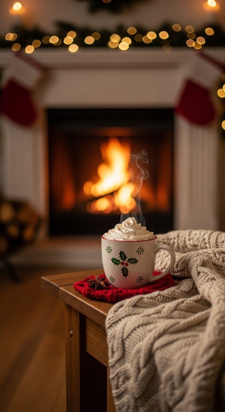 Steaming Christmas coffee mug with whipped cream, festive holly pattern, by a cozy fireplace and cable-knit blanket, warm golden light.