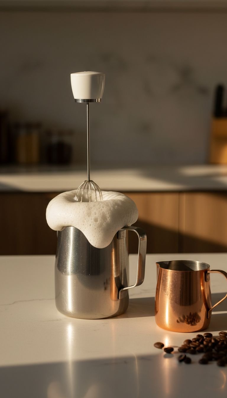 Hojicha Latte Master Recipe for Perfect Creamy Flavor 7 Steaming barista-blend oat milk in a stainless steel pitcher using an electric frother, creating creamy microfoam.