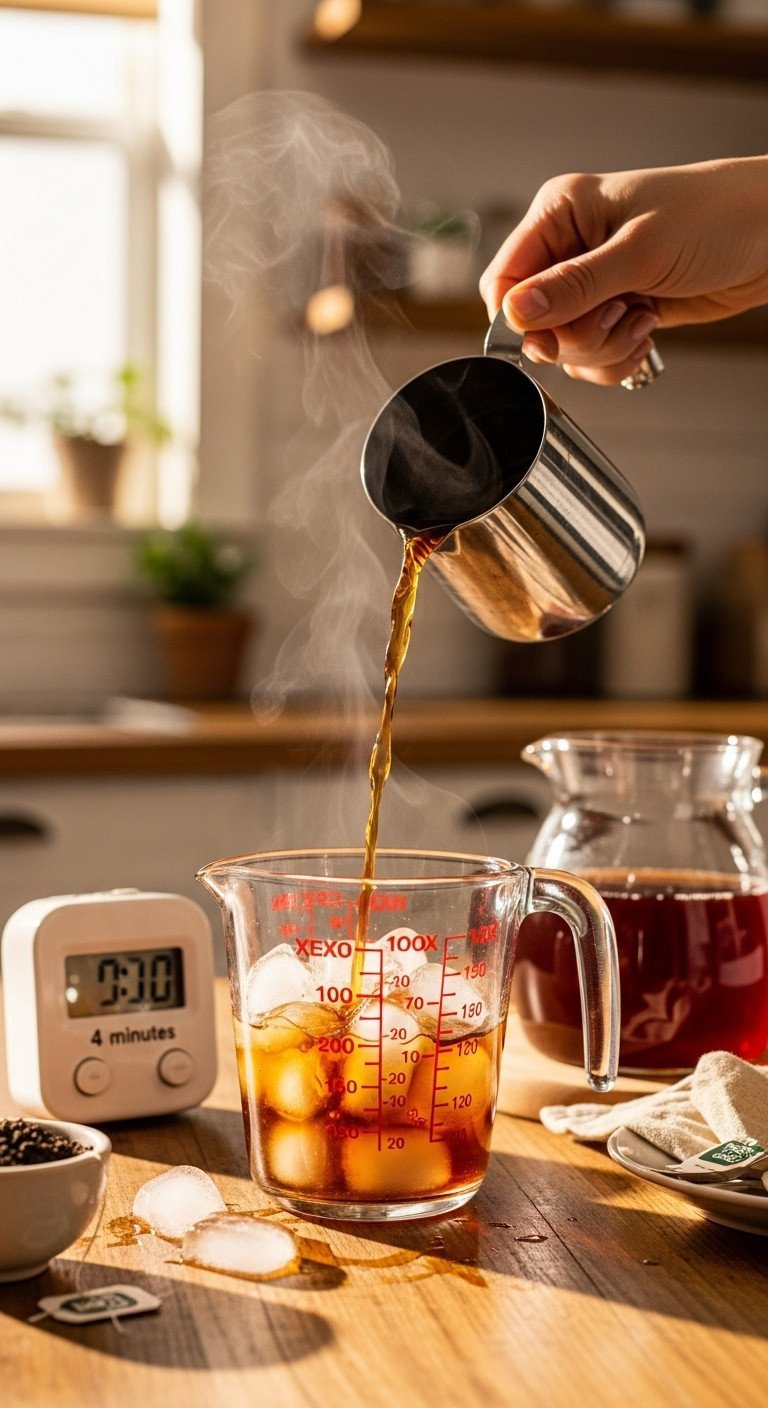 Iced Tea Recipe Secrets to Non Bitter Cold Brew Perfection 5 Steaming black tea concentrate pours over ice in a measuring cup, flash-chilling on a rustic wooden table with tea bags.