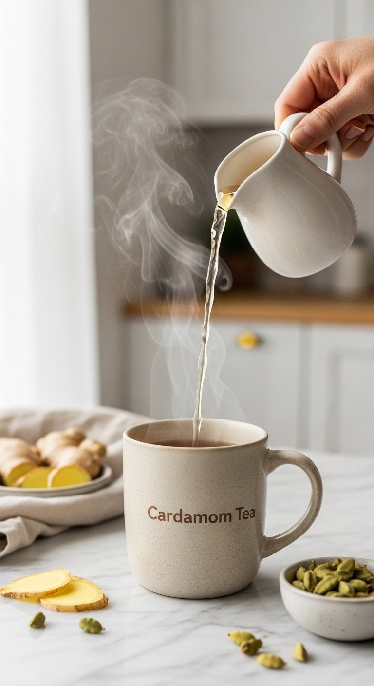 Cardamom Tea Ultimate Recipe Guide 7 Proven Benefits and Flavor Secrets 5 Steaming cardamom tea pours into a mug on a marble countertop with fresh ginger and whole cardamom pods. Cozy comfort.