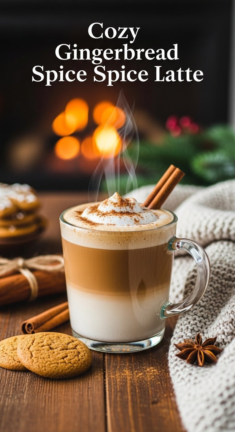 Steaming gingerbread spice latte in glass mug with foam art, aromatic spices, fresh cookies, and knitted throw.